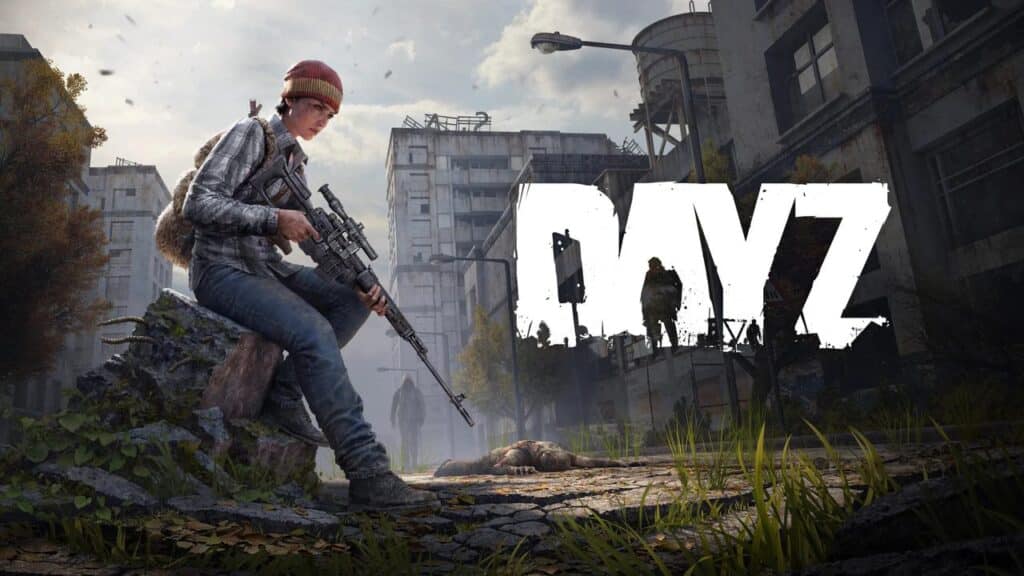 A lone survivor with a rifle sits on a rock in a post-apocalyptic city, as the "DAYZ" game logo appears on the right—experience the thrill with PlayStation Plus August 2025.