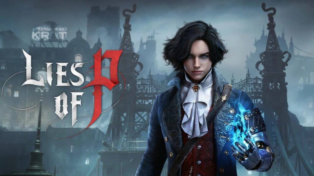 A young man with dark hair and a glowing blue hand stands before a dark, industrial cityscape. Text: "Lies of P, coming to PlayStation Plus August 2025.