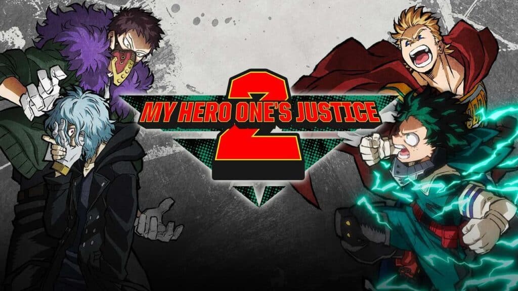 Four anime characters in action poses surround the "My Hero One's Justice 2" game logo on a grey background, highlighting its inclusion with PlayStation Plus August 2025.