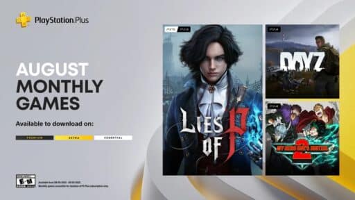 PlayStation Plus August monthly games: Lies of P, DayZ, and My Hero One’s Justice 2, shown with their covers.