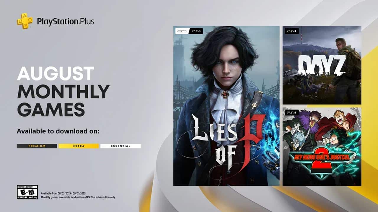 PlayStation Plus August monthly games: Lies of P, DayZ, and My Hero One’s Justice 2, shown with their covers.