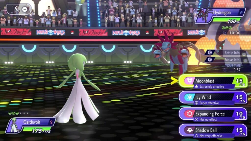A Gardevoir faces Hydreigon in a Pokémon battle, with move options displayed on the right side, reminiscent of the exciting reveals from Pokémon Presents July 2025 in Pokemon Champions.