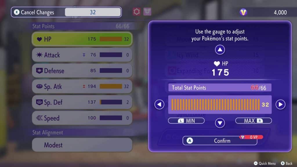 Pokémon stat screen showing 32 HP points selected and detailed stat bars for Attack, Defense, Sp. Atk, Sp. Def, and Speed—just like the features teased in Pokémon Presents July 2025 in Pokemon Champions.