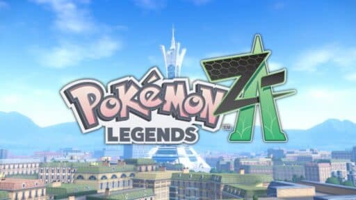 Logo for "Pokémon Legends Z-A" over a cityscape with a tall white tower and blue sky in the background.