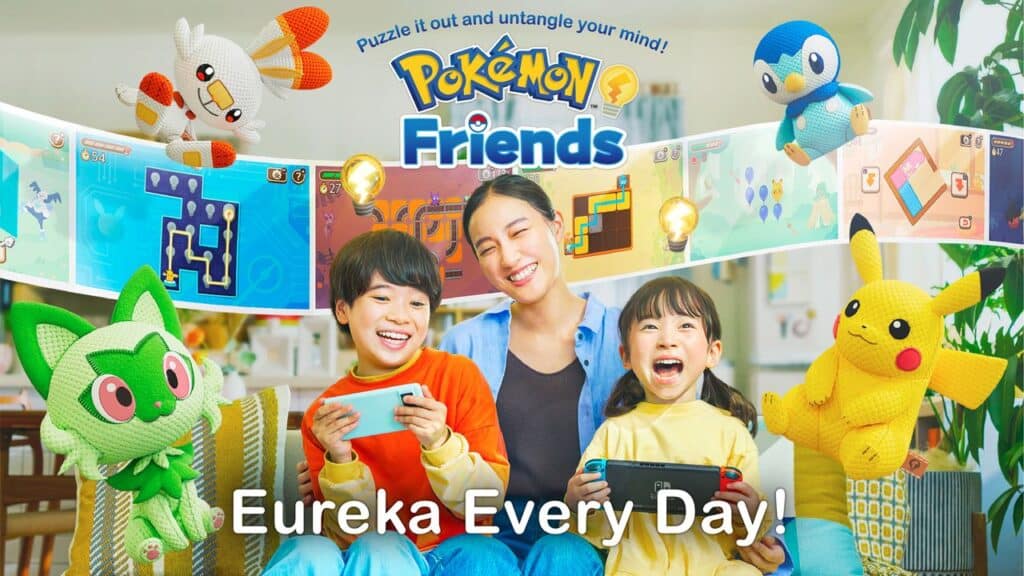 Two smiling children and a woman play Pokemon Friends, surrounded by Pokémon plush toys and puzzle images, excited for the Pokémon Presents July 2025.