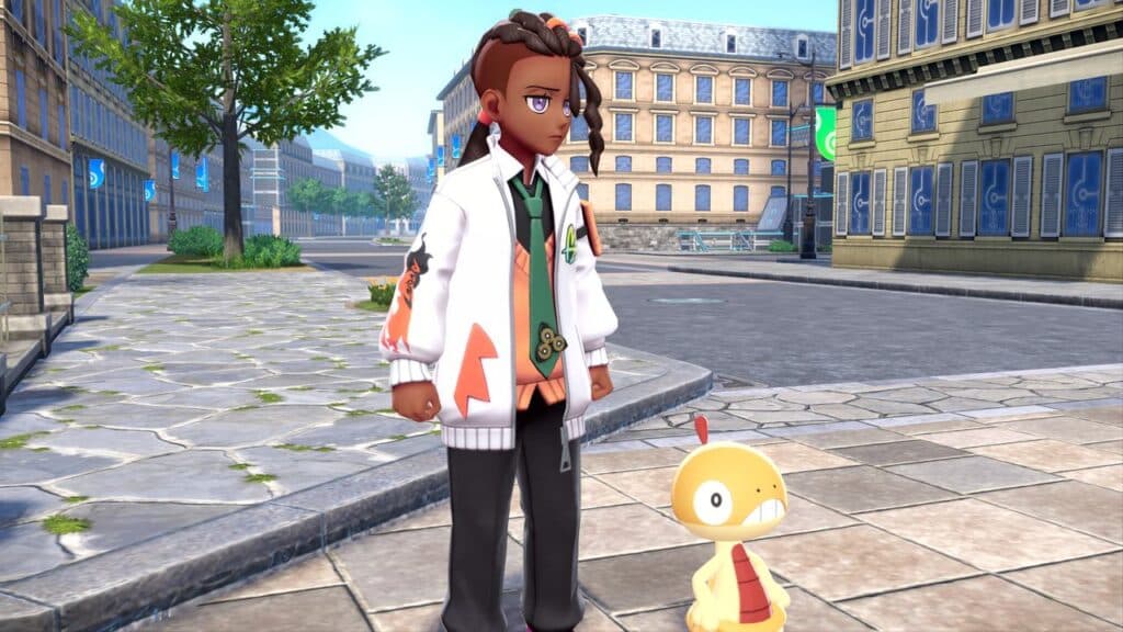 A character in a white coat stands next to a small yellow creature on a city street, as excitement builds for Pokémon Presents July 2025 in Pokemon Legends Z-A.