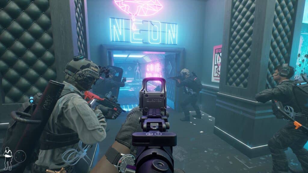 Four armed characters in tactical gear breach a neon-lit room, seen from a first-person Ready or Not perspective.