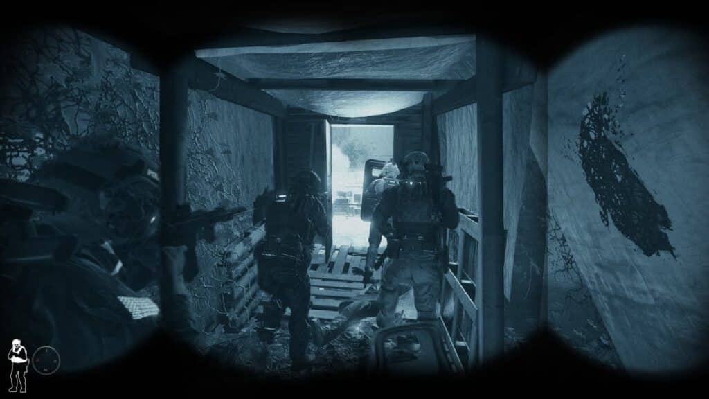 Three armed soldiers move cautiously through a narrow, dimly lit tunnel with debris on the ground, embodying the tense tactical gameplay of Ready or Not.