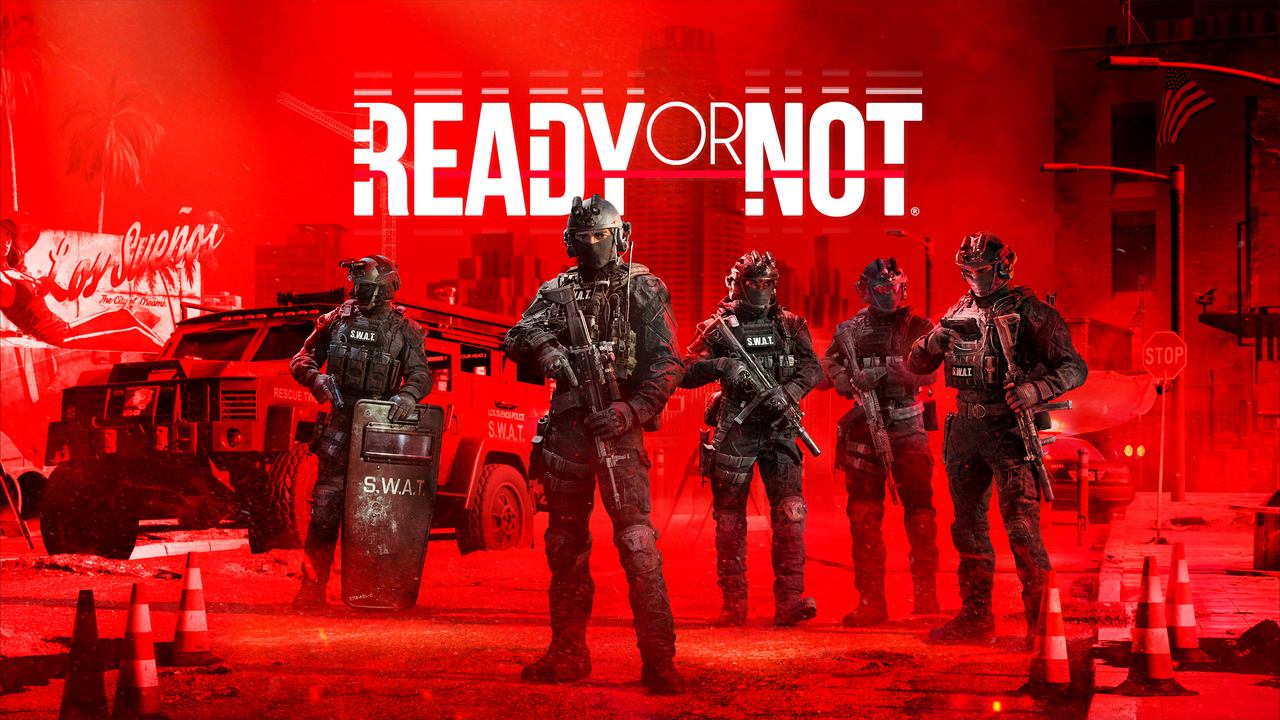 Four armed SWAT officers stand ready in a red-lit city street, embodying the intensity of "Ready or Not.