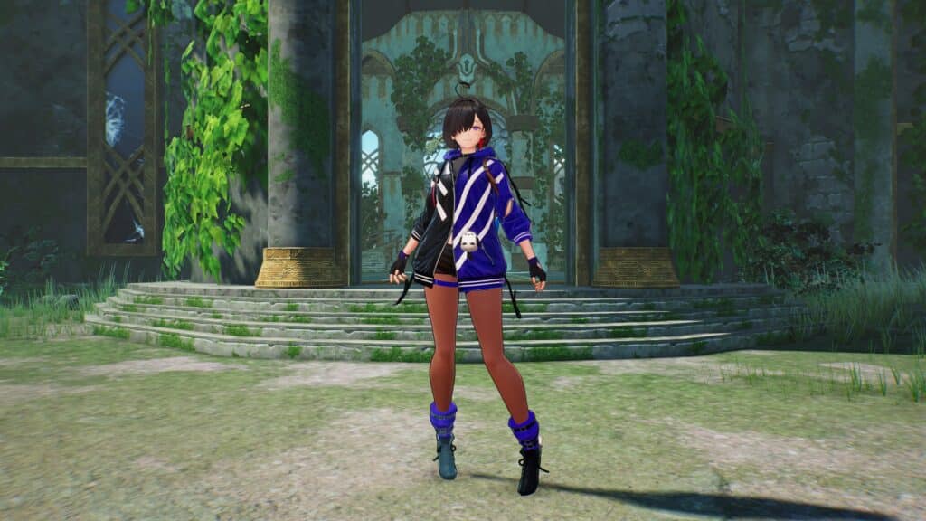 A character in blue and black attire stands confidently in front of ancient ruins covered in green vines, blending the distinct styles of an Atelier Yumia Tekken collaboration.