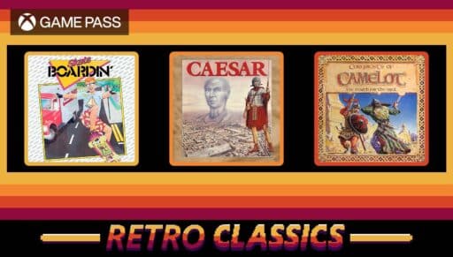 Xbox Game Pass Retro Classics banner with covers of Skateboardin’, Caesar, and Conquests of Camelot games.