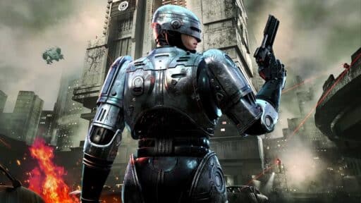 A futuristic armored cyborg, reminiscent of RoboCop: Rogue City, holding a gun stands in a burning, dystopian cityscape, ready to settle unfinished business.