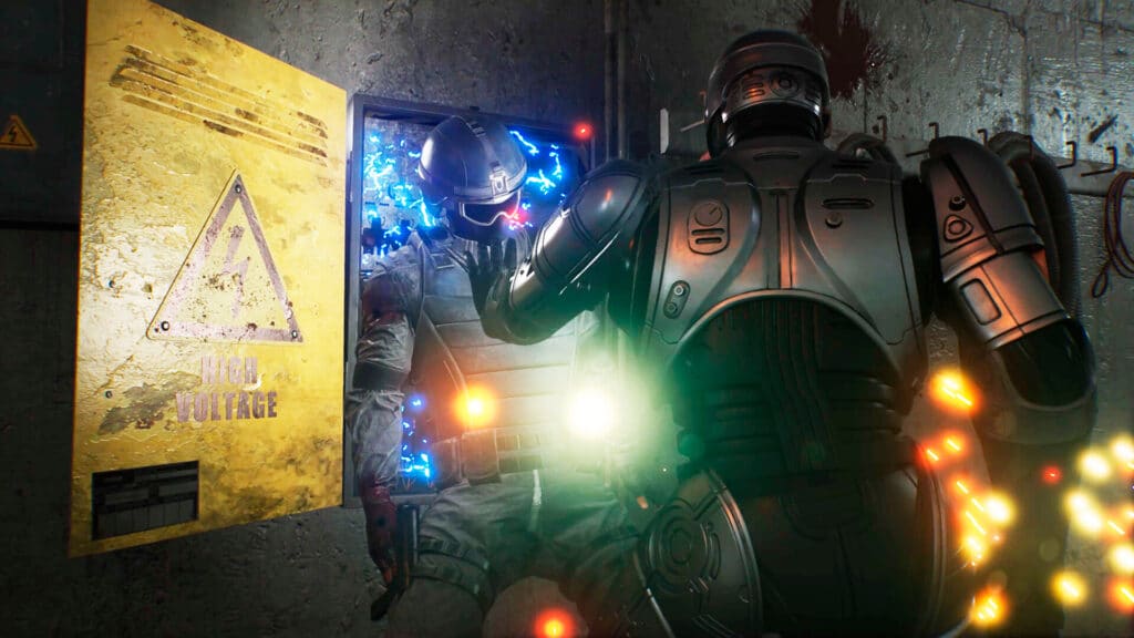 Two armored figures clash in RoboCop Rogue City: Unfinished Business, as one is shoved into an electrified panel sparking with blue electricity.