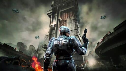 A futuristic armored cyborg, reminiscent of RoboCop: Rogue City, holds a gun in a smoky, dystopian city with helicopters and burning cars—ready to settle some unfinished business.