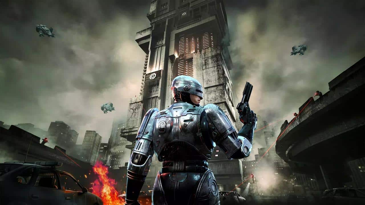 A futuristic armored cyborg, reminiscent of RoboCop: Rogue City, holds a gun in a smoky, dystopian city with helicopters and burning cars—ready to settle some unfinished business.