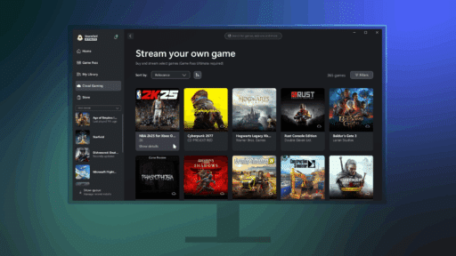 A computer monitor displays a game streaming library with various game covers and menu options on the left side.