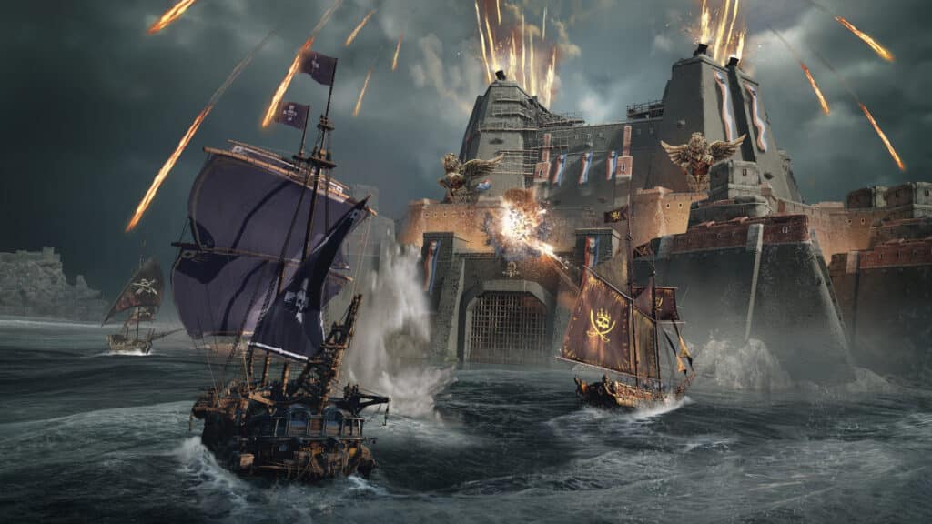 Two pirate ships battle near a fortress as cannon fire and explosions light up the stormy sky.