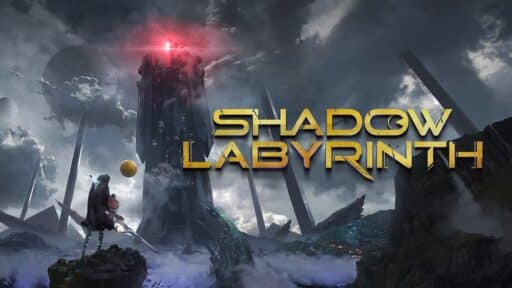 A lone figure faces a dark, glowing tower under a stormy sky, as the bold gold text "Shadow Labyrinth" hints at mysterious challenges within.