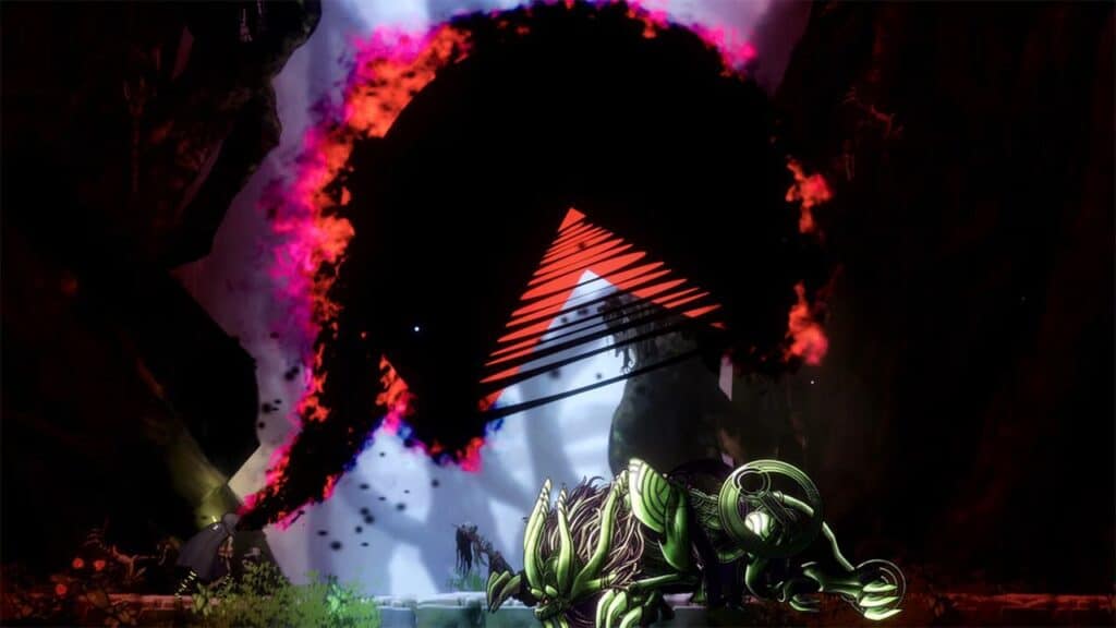 A dark, shadowy creature with red lines looms over a green robotic animal in a dramatic, glowing landscape reminiscent of the mysterious Shadow Labyrinth.