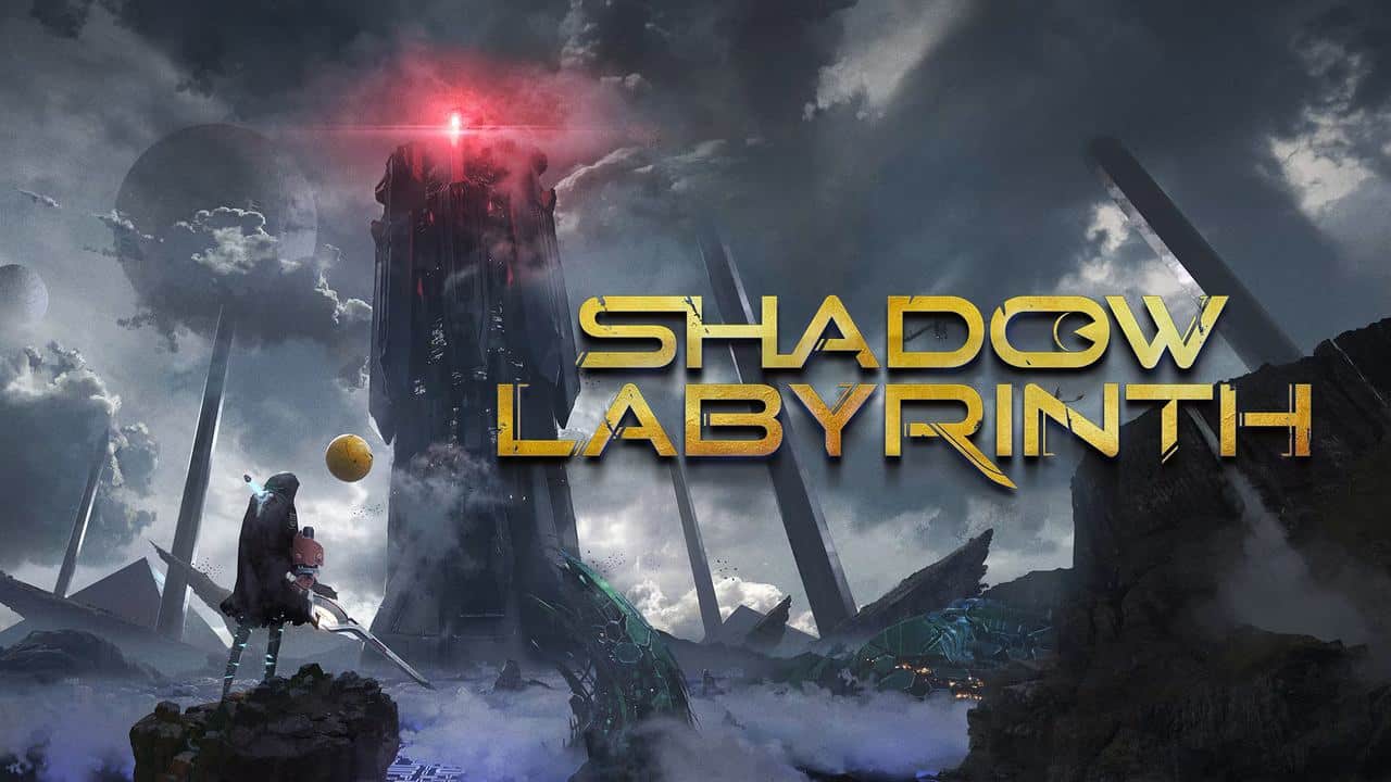 A lone figure faces a dark, glowing tower under a stormy sky, as the bold gold text "Shadow Labyrinth" hints at mysterious challenges within.