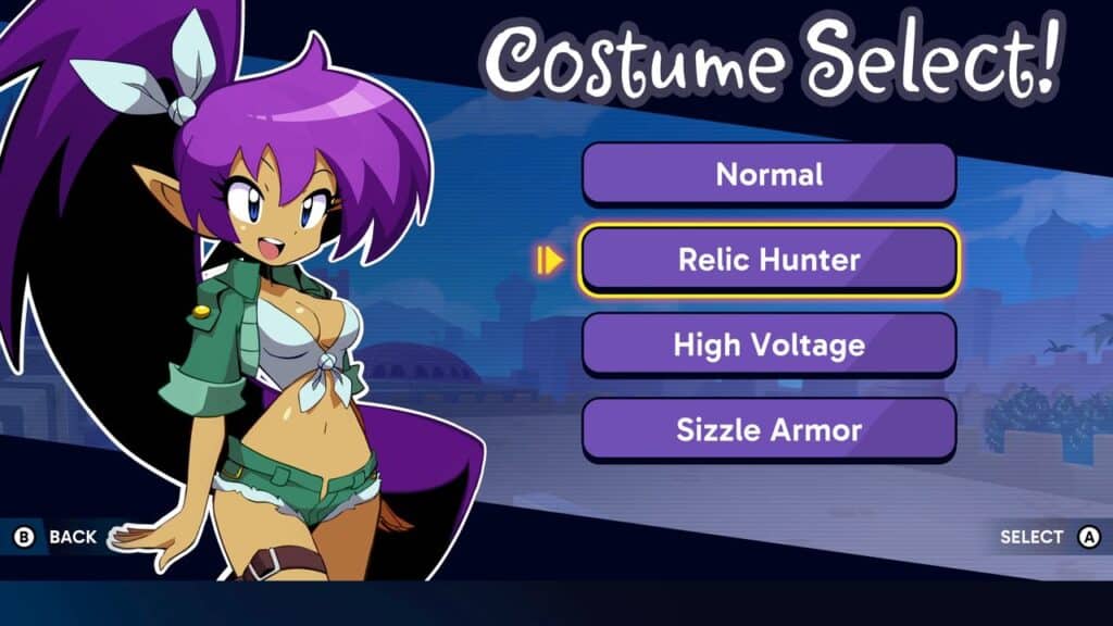 A purple-haired character stands by a menu with costume options—Normal, Relic Hunter, High Voltage, Sizzle Armor—inspired by Shantae Advance: Risky Revolution.