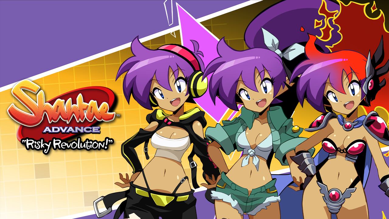Three animated girls with purple hair and colorful outfits stand side by side in front of a "Shantae Advance: Risky Revolution" logo.