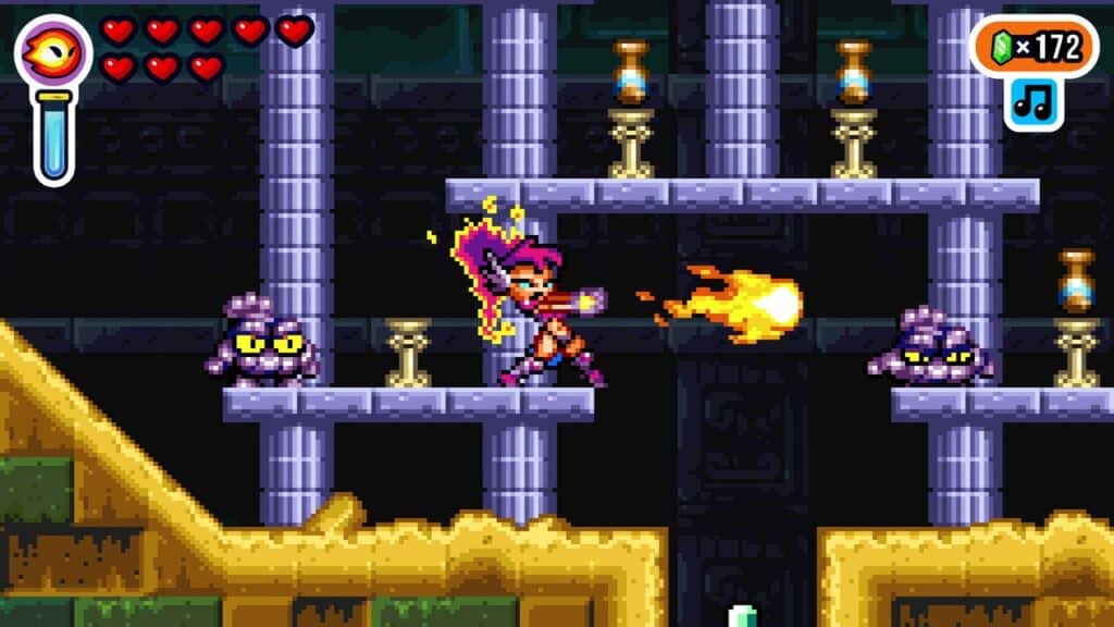 A pixel art character attacks with a fireball between stone pillars, surrounded by small stone monsters in a style reminiscent of Shantae Advance: Risky Revolution.