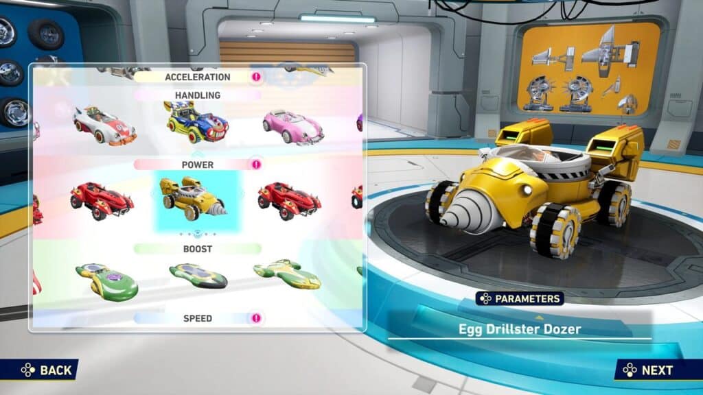 A yellow drill-themed vehicle is selected in a video game garage with various car options displayed on the left, showcasing Sonic Racing CrossWorlds customization features.