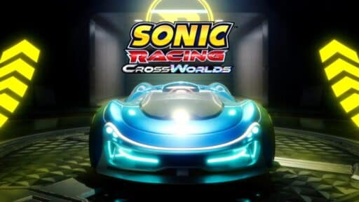 A glowing blue race car with the Sonic Racing CrossWorlds customization and logo above it in a futuristic setting.