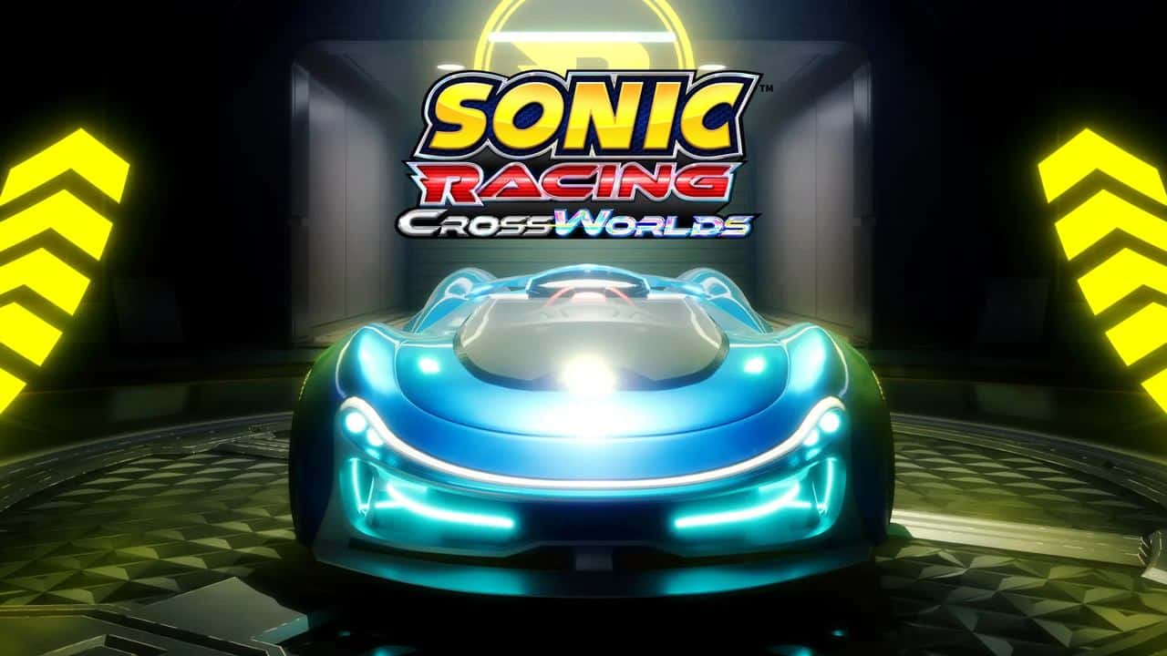 A glowing blue race car with the Sonic Racing CrossWorlds customization and logo above it in a futuristic setting.