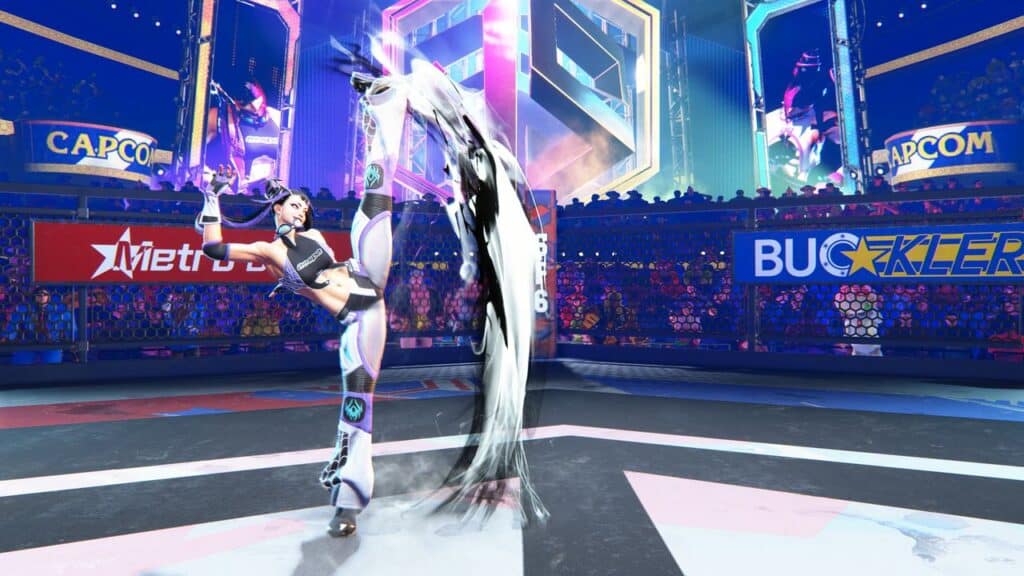 A woman in futuristic attire, inspired by the Street Fighter 6 and æspa collab, executes a high kick in a vibrant, neon-lit fighting arena.