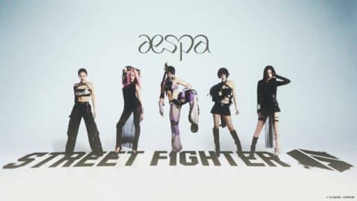 Four women in edgy outfits pose under the words "aespa" and "Street Fighter" on a white background.