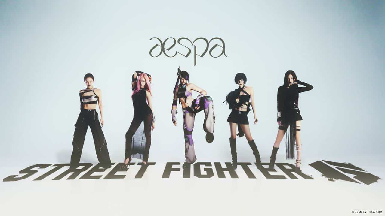 Four women in edgy outfits pose under the words "aespa" and "Street Fighter" on a white background.