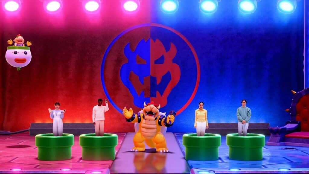 Four people stand in green pipes next to Bowser on a colorful stage with pink and blue lighting, ready for action in Super Mario Party Jamboree.