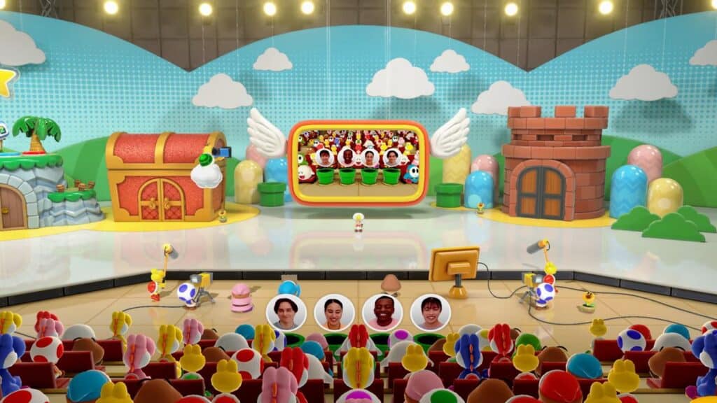 Colorful game show stage with cartoon characters, bright decorations, and a large screen showing audience avatars, inspired by the fun energy of Super Mario Party Jamboree – Nintendo Switch 2 Edition + Jamboree TV.