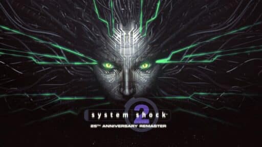 Futuristic AI face with green eyes and circuitry, celebrating the System Shock 2 25th Anniversary Remaster.