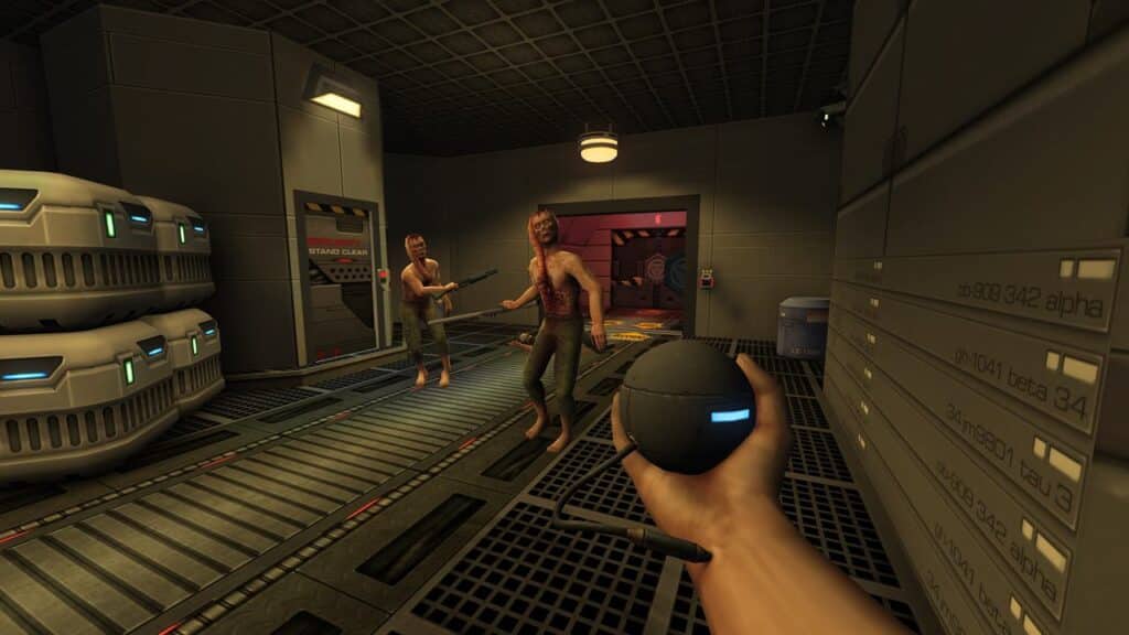 A person holds a grenade facing two zombie-like figures in a futuristic, metallic corridor—an intense scene that captures the tense atmosphere of System Shock 2 25th Anniversary Remaster.