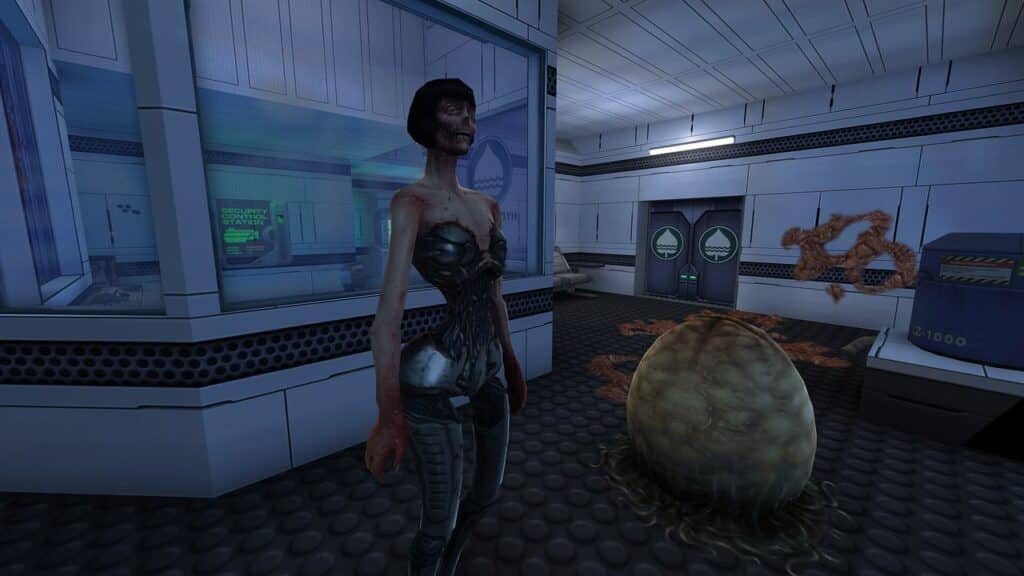 A humanoid creature stands in a sci-fi lab with an alien egg and slime on the floor nearby, evoking the eerie atmosphere of System Shock 2 25th Anniversary Remaster.