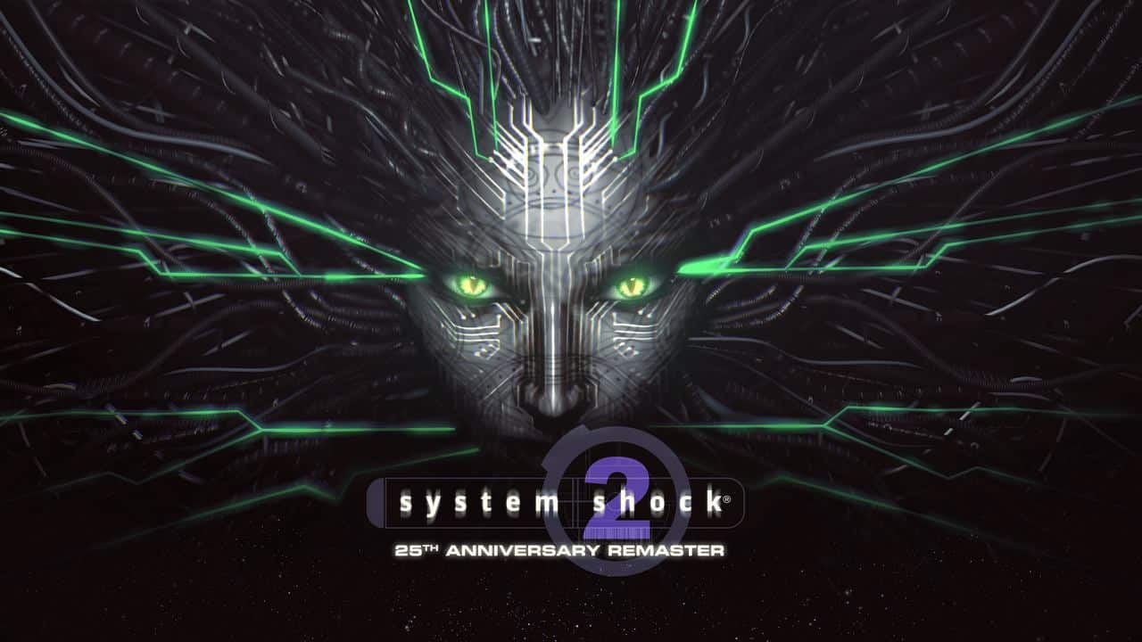 Futuristic AI face with green eyes and circuitry, celebrating the System Shock 2 25th Anniversary Remaster.