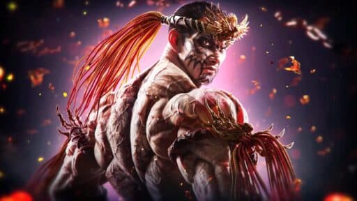 Fahkumram turns back amid fiery embers and red light—evoking the intense energy of TEKKEN 8 Summer DLC.