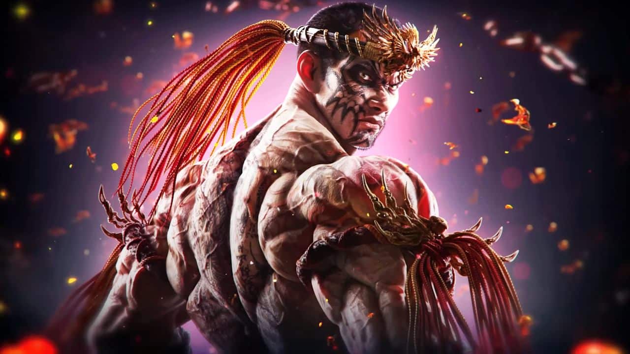 Fahkumram turns back amid fiery embers and red light—evoking the intense energy of TEKKEN 8 Summer DLC.