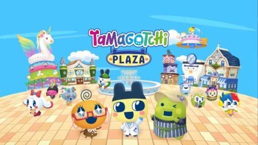 Colorful Tamagotchi characters stand in a lively plaza with shops, a fountain, and whimsical decorations.