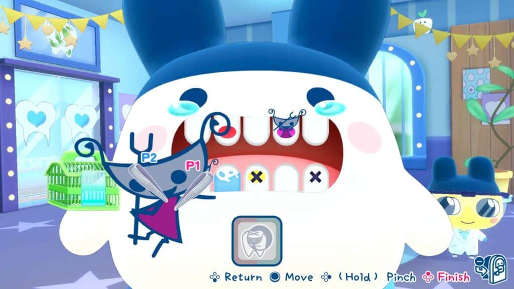 Cartoon characters play dentist inside a big white creature’s mouth in Tamagotchi Plaza, creating a colorful, playful game setting.