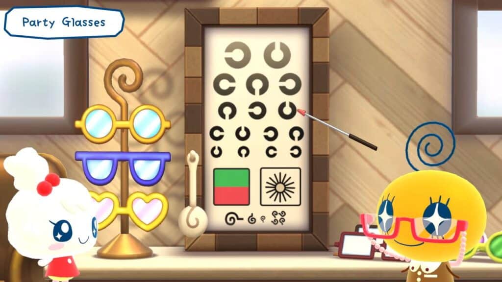 Two cute cartoon characters at Tamagotchi Plaza look at an eye chart, glasses, and colorful party glasses on display in Tamagotchi Plaza.