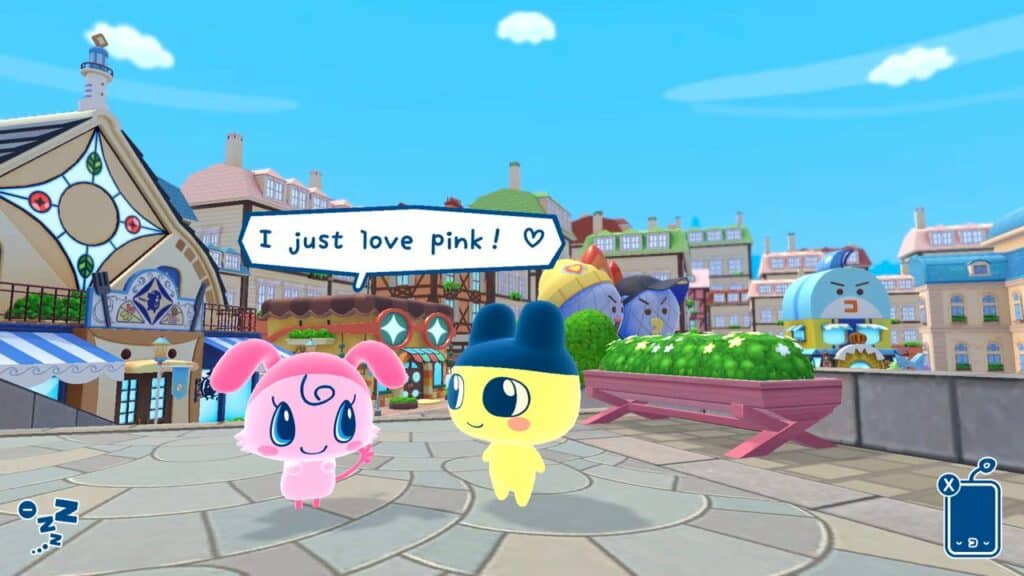 A pink character tells a yellow character, "I just love pink!" in a colorful, cartoon town square in Tamagotchi Plaza.
