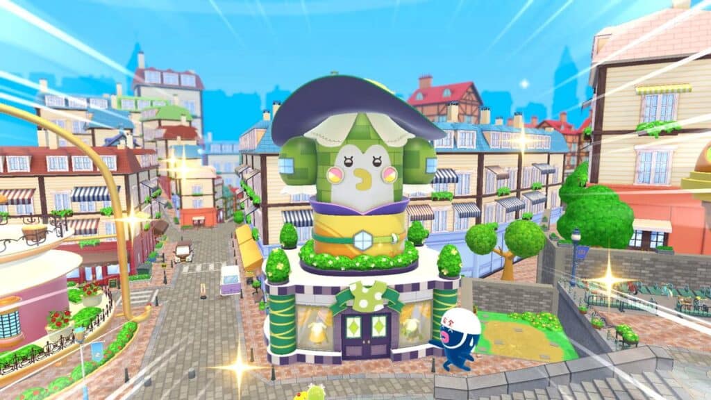 A colorful building with a large, smiling plant mascot in a lively, cartoon-style town square in Tamagotchi Plaza.