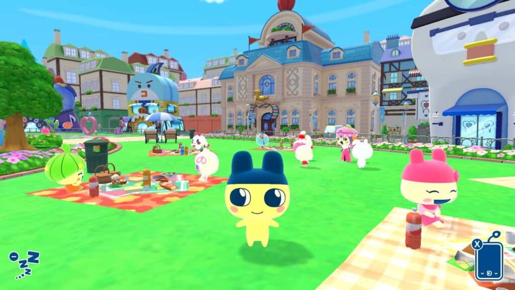 Colorful cartoon characters play and picnic in a vibrant, whimsical town square on a sunny day at Tamagotchi Plaza.