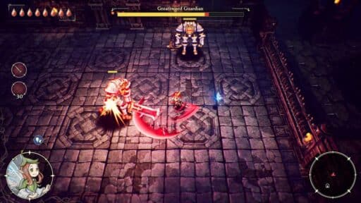 A thrilling battle scene from The Adventures of Elliot: The Millennium Tales, where the player faces off against two armored guardians in a shadowy stone dungeon.