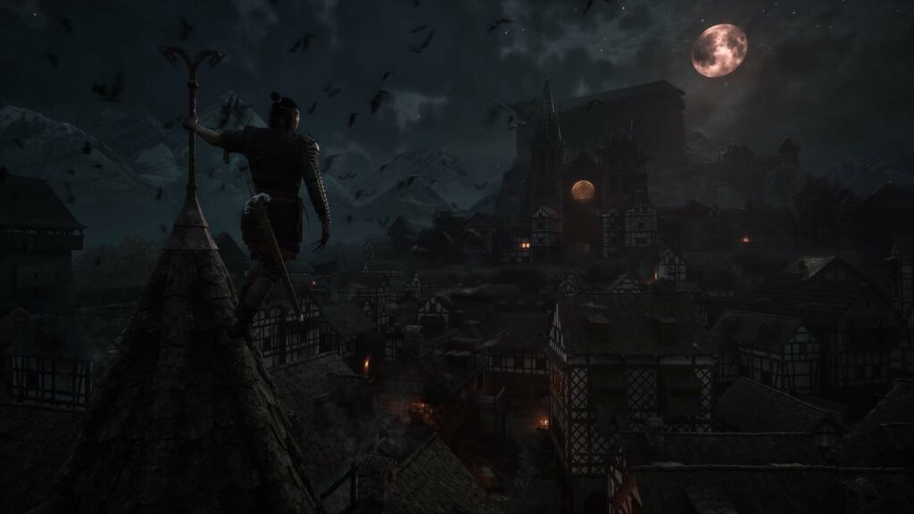 A figure stands on a rooftop at night, overlooking a dark medieval town under a full moon, their presence marked by the lingering legend of The Blood of Dawnwalker.