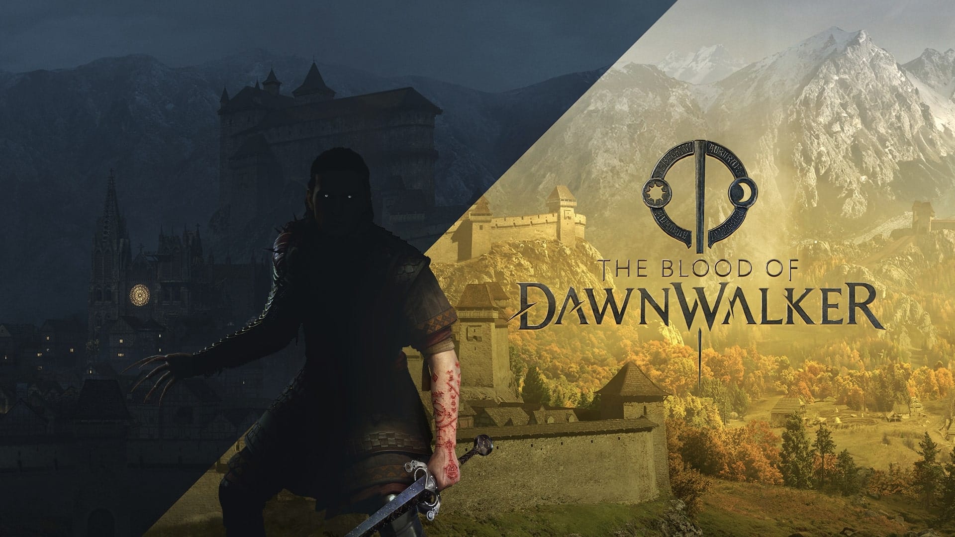 A shadowy figure with a sword stands before a mountain landscape split between night and day in the Blood of Dwanwalker at the Bandai Namco Summer Showcase 2025.